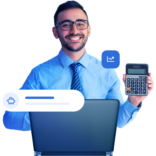 Homem comemorando com calculadora na mão